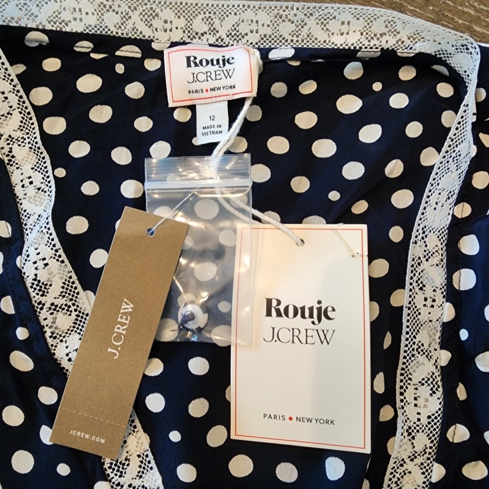 Rouje J.Crew Navy Polka Dot Midi Dress 12 Lace Parisian Quiet Luxury Y2K 90s - Picture 4 of 16